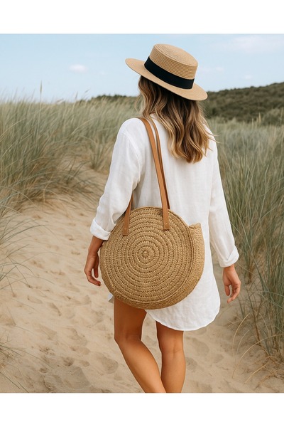 Generic Brand Handmade Round Straw Bag – Camel Knitting Model, with Leather S...