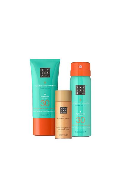 Rituals Of Karma Sun Body Care Set, Glitter Body Oil 30 Ml, Face Cream Spf30 50 Ml,spray Spf30 50ml