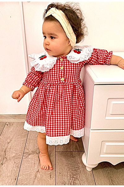 minikiti Girl's Red and White Gingham Dress with Cherry Embroidery and Scalloped Ruffles on the Skirt