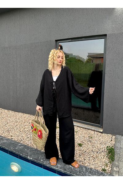 FİOXCO Ferina Premium Muslin Front Tie Black Kimono Set