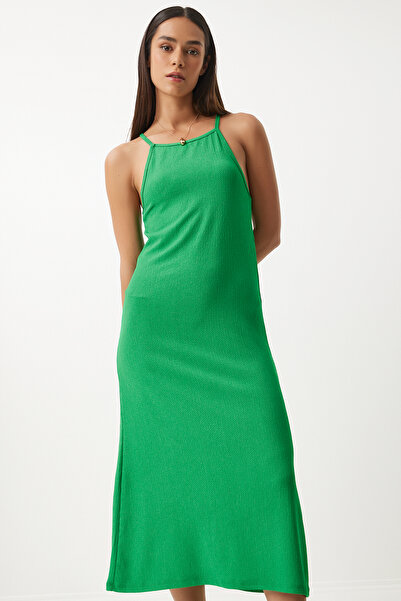 Lovelyİstanbul Summer Long Knitted Dress with Strap Green Ldz0004