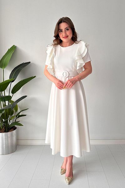 MaziButik Shoulder Folded Atlas Dress Ecru