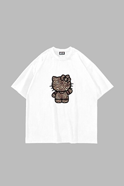 Bak Moda تيشيرت أبيض للجنسين بطبعة ليوبارد كيتي مقاس كبير