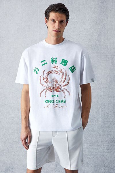 GRIMELANGE Ανδρικό λευκό μπλουζάκι CRAB με κανονική εφαρμογή