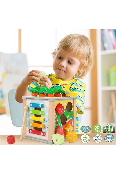 OEM Cub Educativ Din Lemn Centru Activitati Montessori 6-in-1