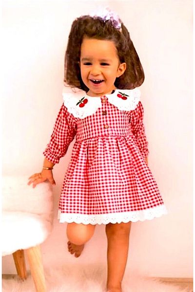 minikiti Girl's Red and White Gingham Dress with Cherry Embroidery and Scalloped Ruffles on the Skirt