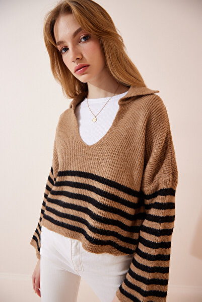 Lovelyİstanbul Pulover tricotat cu guler polo cu biscuit închis - LYY0047