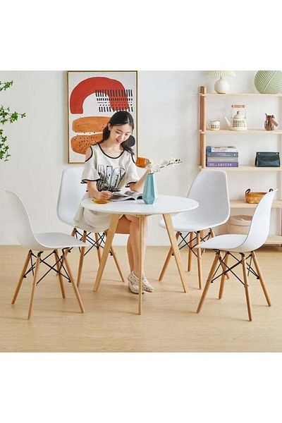 Taimi 5-Piece Dining Set, White Modern Round Table | 80x80x70cm with 4 White Elegant Plastic Chairs