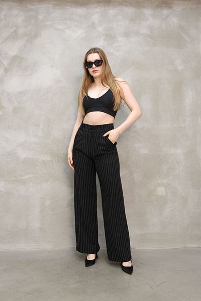 spirituel Women's Trousers Striped Double Button Detail Wide Leg Palazzo Pants