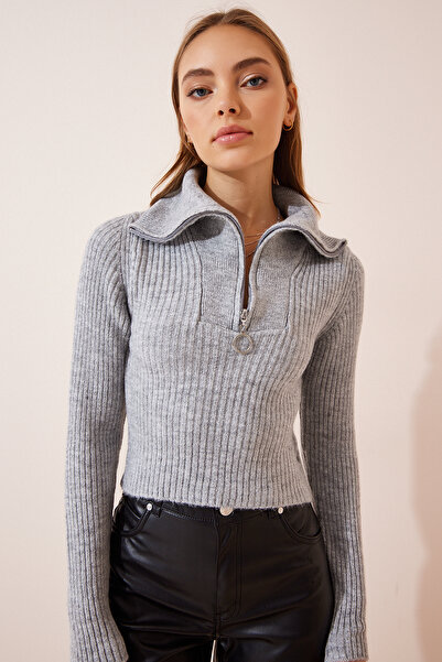 Lovelyİstanbul Pulover Tricotaj Crop Gri - Gât țesut, Llu0002