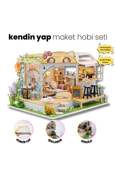 minyaturia DIY Miniature Cat Themed Cafe |   Miniature Model House |   DIY Hobby Set and Dust Protection Glass