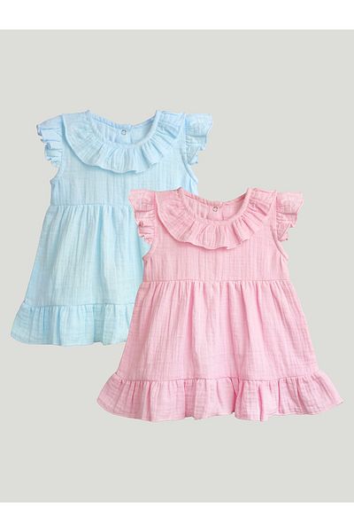 luay 100% Linen Baby Frock With Frills, Cute And Trendy Summer Dress For Babies (PACK OF 2) 12-18 M