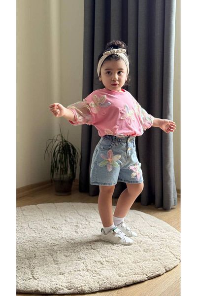 ARBİ kids Girl's Floral Appliqued Denim Shorts Pink Festive Stylish Suit