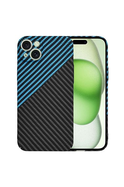 SKYDDAR INNOVATION Carcasă pentru iPhone 15 Plus, textură de carbon, Carbonite FiberShell, albastră, set de stickere