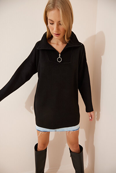 Lovelyİstanbul Pulover negru din tricotaj supradimensionat - Guler cu fermoar...