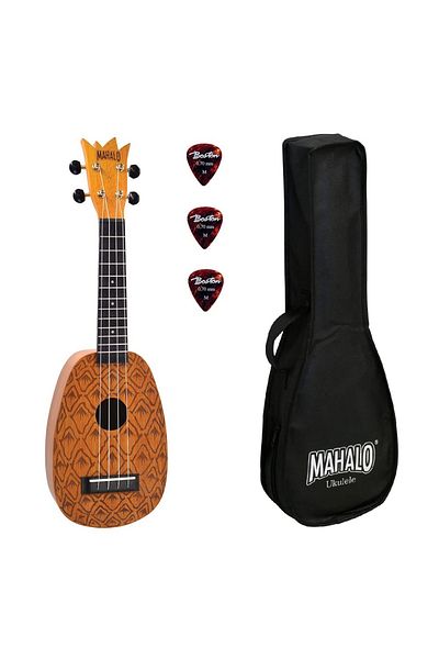Mahalo ME1P Soprano Ukulele, natural finish, pineapple pattern, bag, 3 picks