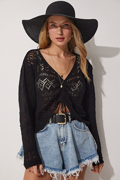 Lovelyİstanbul Μαύρη πλεκτή μπλούζα με λαιμόκοψη σε σχήμα V - Πλεκτή μπλούζα ...
