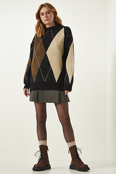 Lovelyİstanbul Pulover de tricotaj oversize cu model diamant premium negru cr...