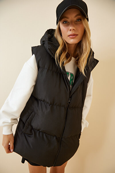 Lovelyİstanbul Μαύρο φουσκωτό γιλέκο Oversize - Hooded Lrv0032