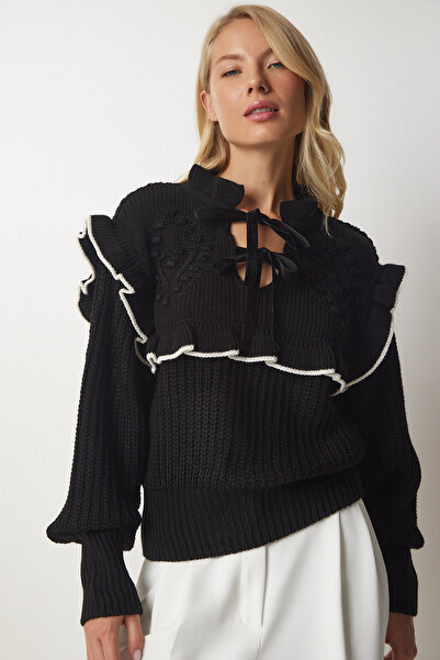 Lovelyİstanbul تكدرت القوس طوق سترة تريكو سوداء LMT0006