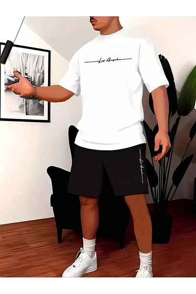 LAND MODA Casual Summer T-Shirt and Shorts Set for Men - White Tee with "La Angeles" Print,