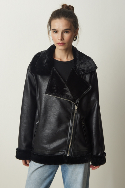 Lovelyİstanbul Premium Kürklü Suni Deri Mont 54414 Siyah Lfn0015