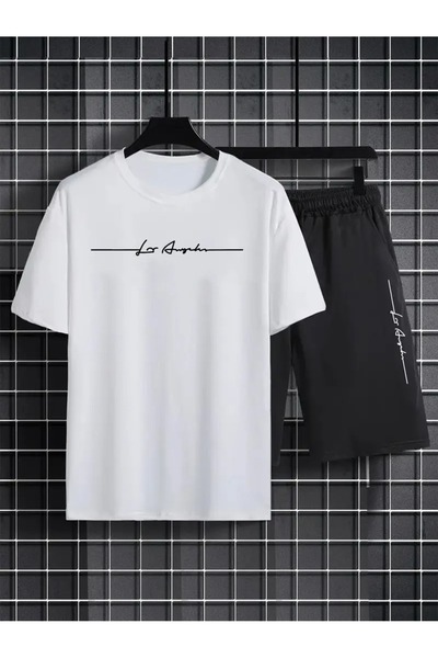 LAND MODA Casual Summer T-Shirt and Shorts Set for Men - White Tee with "La Angeles" Print,