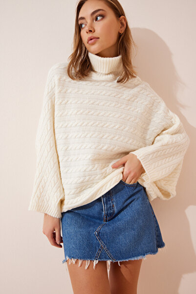 Lovelyİstanbul Pulover Poncho Tricotat Oversize - Gât țesut, Bone Lus0011
