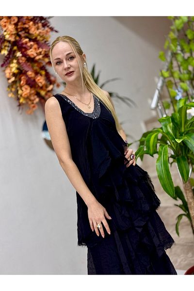 Punta Nc61460 Italian Strap Neckline Sequin Ruffle Silk Dress Black