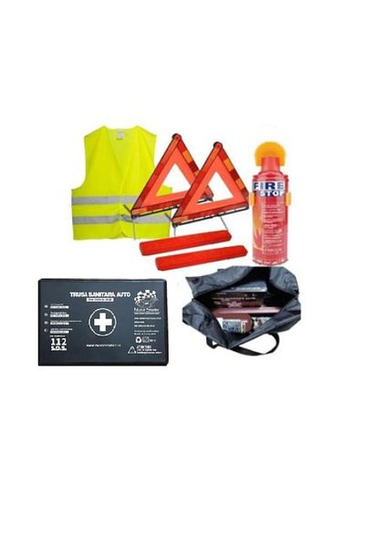 motor starter Kit Siguranta Auto Premium Omologat, 2 Triunghiuri reflectorizante, Stingator 1000 ml, Trusa de prim