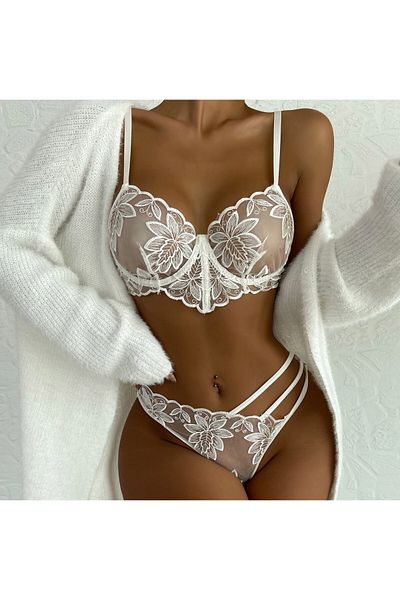 OBRO Set of 2 erotic lingerie, sexy lingerie for women, made of lace, white