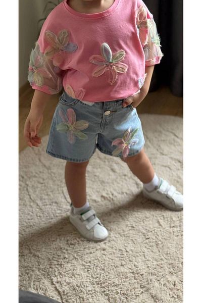 ARBİ kids Girl's Floral Appliqued Denim Shorts Pink Festive Stylish Suit