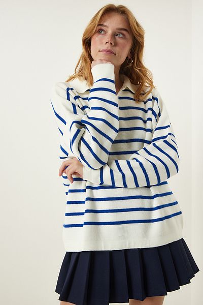 Lovelyİstanbul Pulover de tricotaj cu gât polo albastru - Bone Lus0005