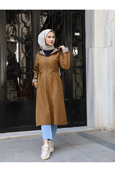 HARMONY GLOBAL Kadın Taba Bileği Ve Içi Çizgili Kapüşonlu Bondip Uzun Trençkot Kap