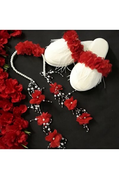 Massaltay Red Pearl Detailed Furry Maternity Slippers and Crown Set – Stylish and Elegant Hospital Discharge Set