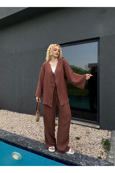 FİOXCO Ferina Premium Muslin Front Tie Brown Kimono Set