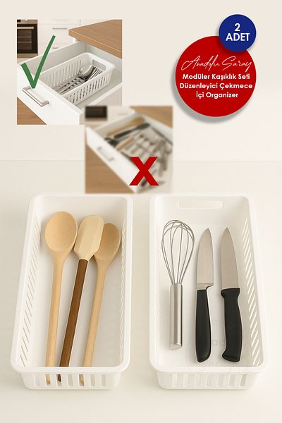 Anadolu Saray Set of 2 Modular Cutlery Holder Drawer Kitchen Organizer Organizer with Knife Scoop Spoon Fork Compartment