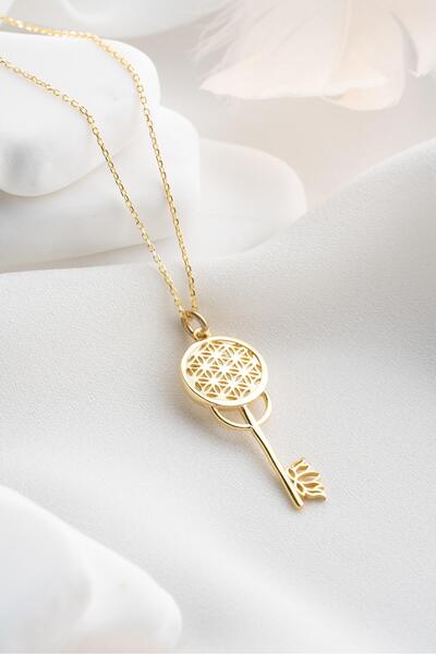 Nereze 925 Ayar Gümüş Gold Kaplama Lotus Çiçeği Detaylı Anahtar Kolye
