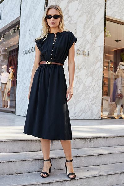 Jument Rochie de damă din țesătură modală mătăsoasă, cu textura moale, cu guler dominator, talie elastică, cu nasturi în față, sub genunchi-negru