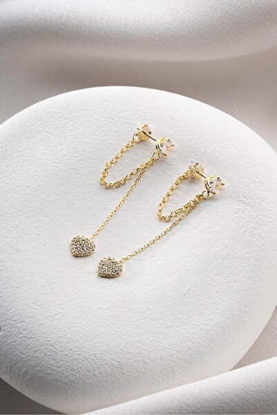 Nereze 925 Ayar Gümüş Gold Kaplama 5 Mm Tektaş Sallantılı Zincir Kalp Model Küpe