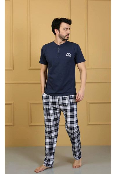 dealp Ανδρικό Navy Blue 100% βαμβακερό σετ καλοκαιρινές πιτζάμες με κέντημα με κουμπιά με γιακά