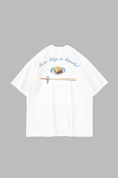 Bak Moda تيشيرت أبيض للجنسين مطبوع من طوكيو إلى اسطنبول