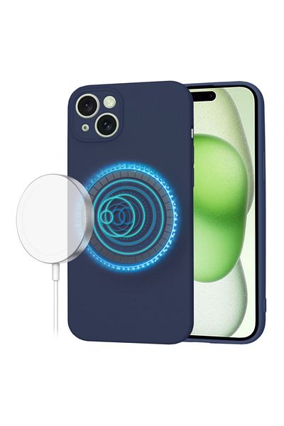 SKYDDAR INNOVATION Carcasă pentru iPhone 15 Plus, silicon catifelat, SoftFlex Magsafe, albastru marin, set autocolante
