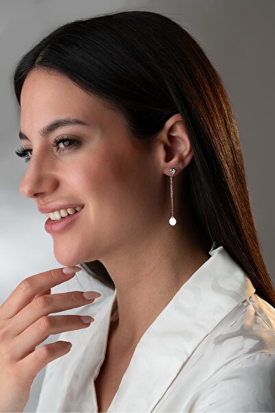 Nereze 925 Ayar Gümüş Rodyum Kaplama 5 Mm Tektaş Sallantılı Zincir Sade Yuvarlak Model Küpe