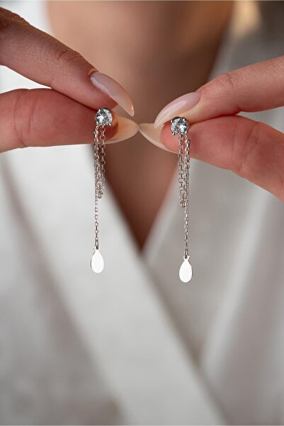 Nereze 925 Ayar Gümüş Rodyum Kaplama 5 Mm Tektaş Sallantılı Zincir Sade Damla Model Küpe