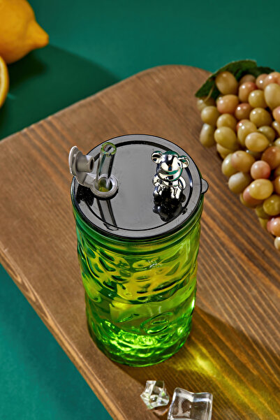 Espas Home Teddy Bear Figured - Soft Drink / Glass Cup / 420 ml / Glass Straw Gift / Green - Single