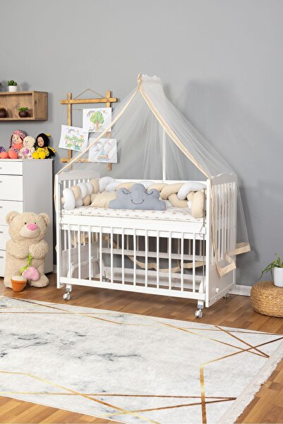 Bamgidoo Doğal Ahşap Anne Yanı Bebek Beşiği- Krem Beyaz Örgü Uyku Seti Seti Y...