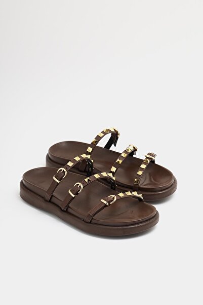 Madamra Brown Women's Gold Staple Detailed Trend Slippers