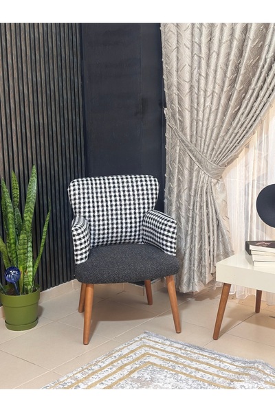 COLORMİX Crowbar Berjer Tekli Koltuk-cafe-ofis-balkon-teras-bahçe-Kazayağı Siyah-Beyaz kumaş-kahverengi ayak