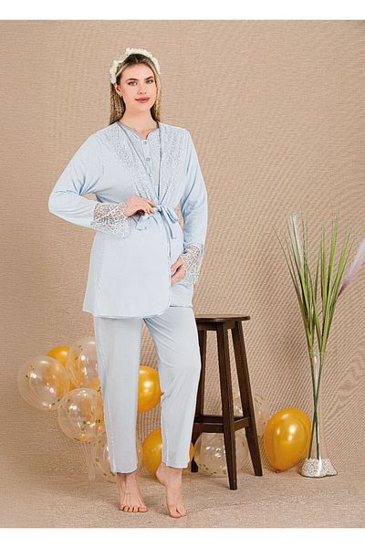 LADY'ES Baby Blue Lace Detailed 3-Piece Maternity/Set with Dressing Gown